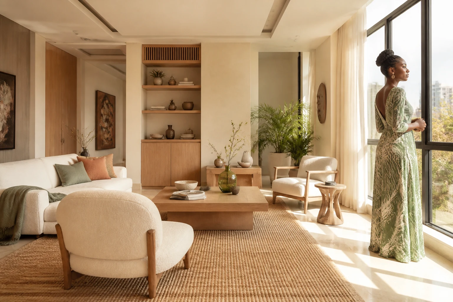 Bright contemporary Nairobi living room with an African homeowner by the window