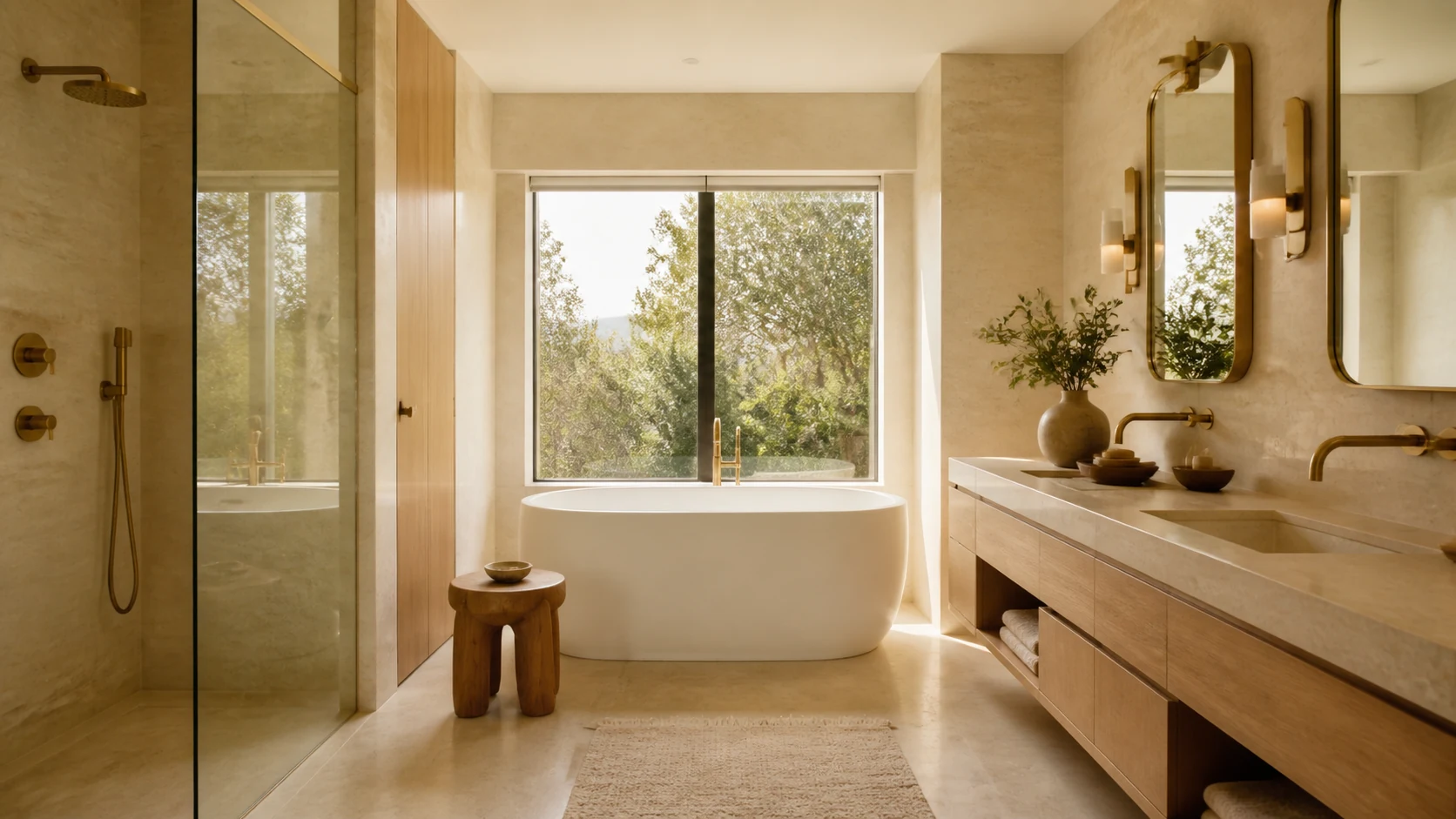 Luxury Karen bathroom with travertine and light oak finishes