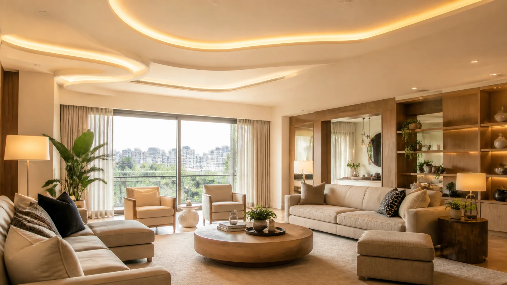 Sculptural gypsum ceiling with warm lighting in a Nairobi lounge